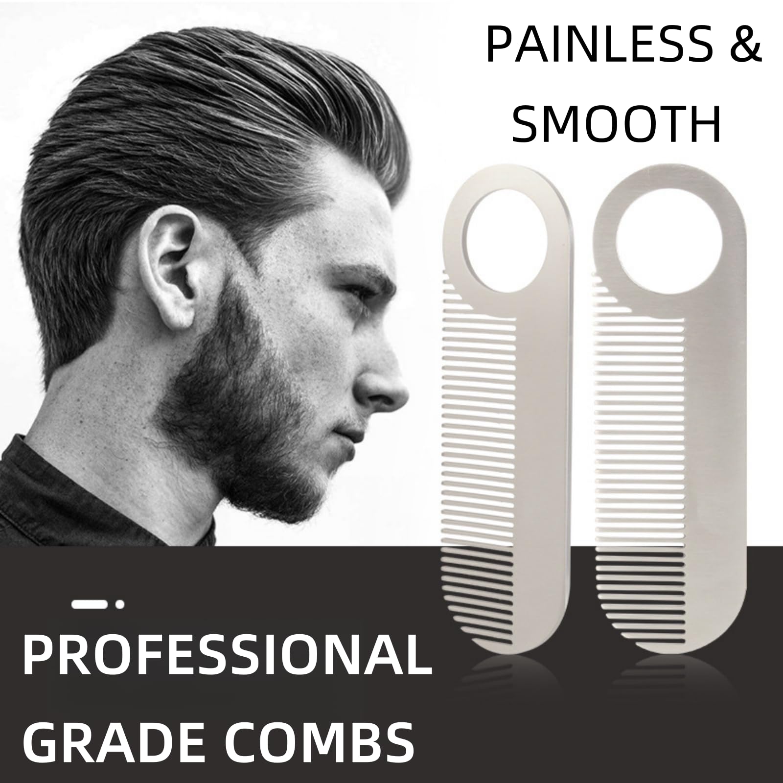 2pcs Stainless Steel Beard Combs for Men, Pocket and Travel Comb, 4 Inches (10 Centimeters) Long, Fine Teeth, for Grooming & Combing Hair, Beards and Mustaches