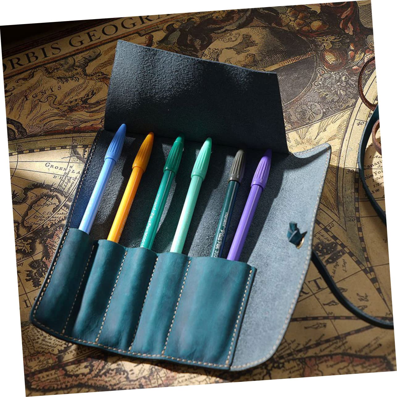 Estuche para Lápices de Cuero Azul Estilo Vintage Retro