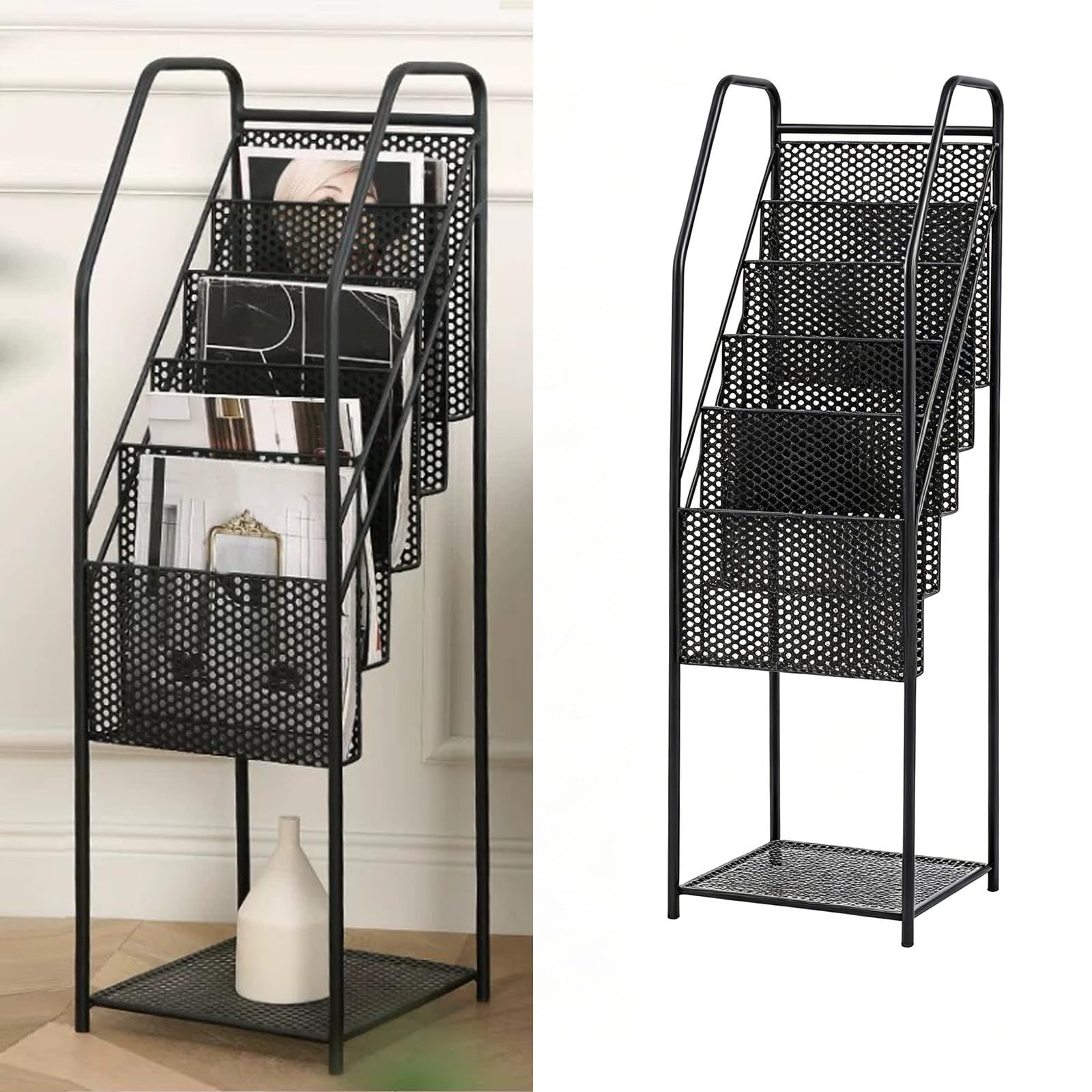 Cjwkxqol Black Floor Standing Metal Mesh Brochure Display Stand, Vertical Magazine Rack For Home, Office, Malls, Hospitals, Reception Areas，Exhibitions(Black)