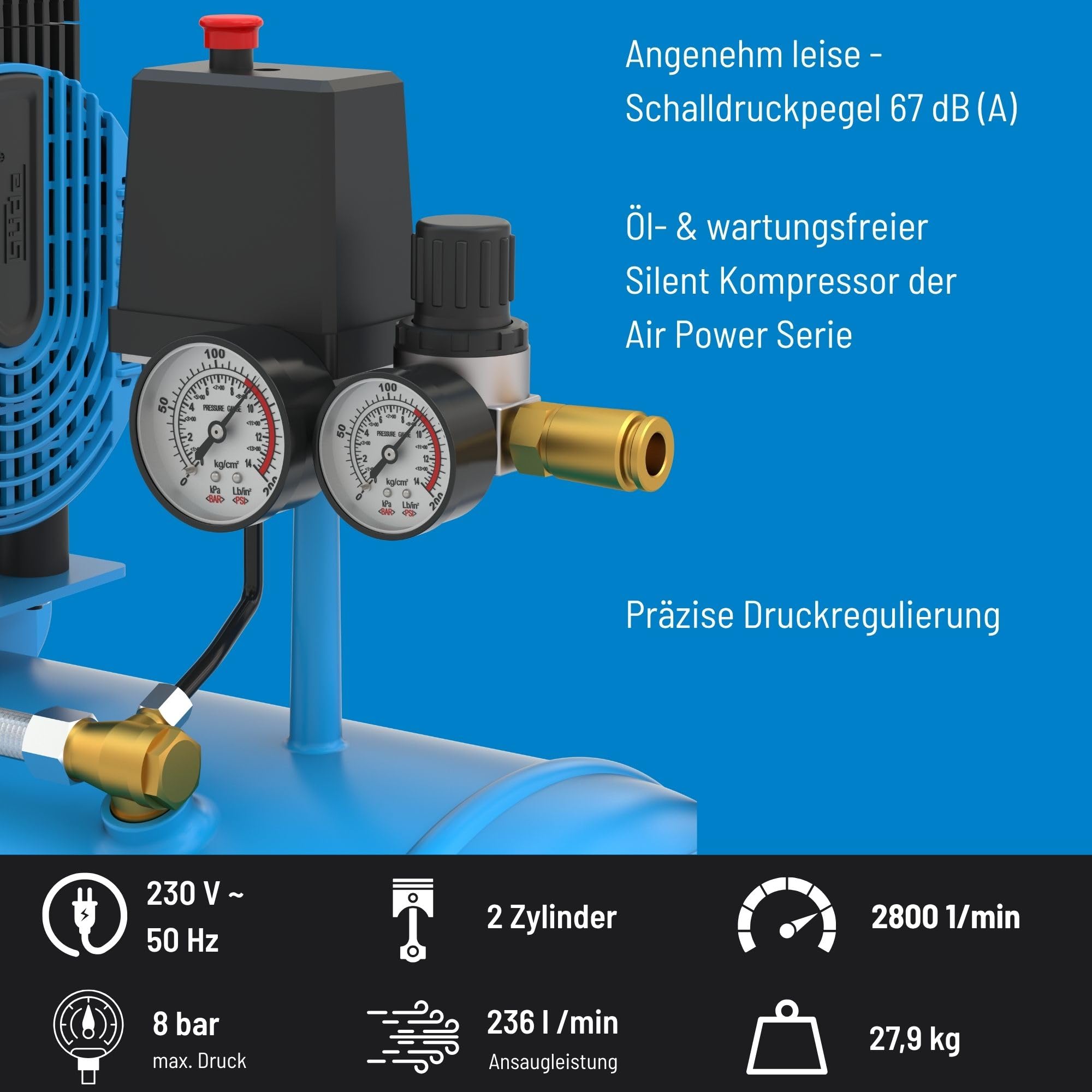 Güde Airpower 270/8/50 SILENT Kompressor - 230 Volt, 50 Liter Kessel, 1,68 Kilowatt, max. Druck 8 bar, eff. Liefermenge bei 0 bar 213 l/min, öl- und wartungsfrei, Schalldruckpegel 67 dB(A)