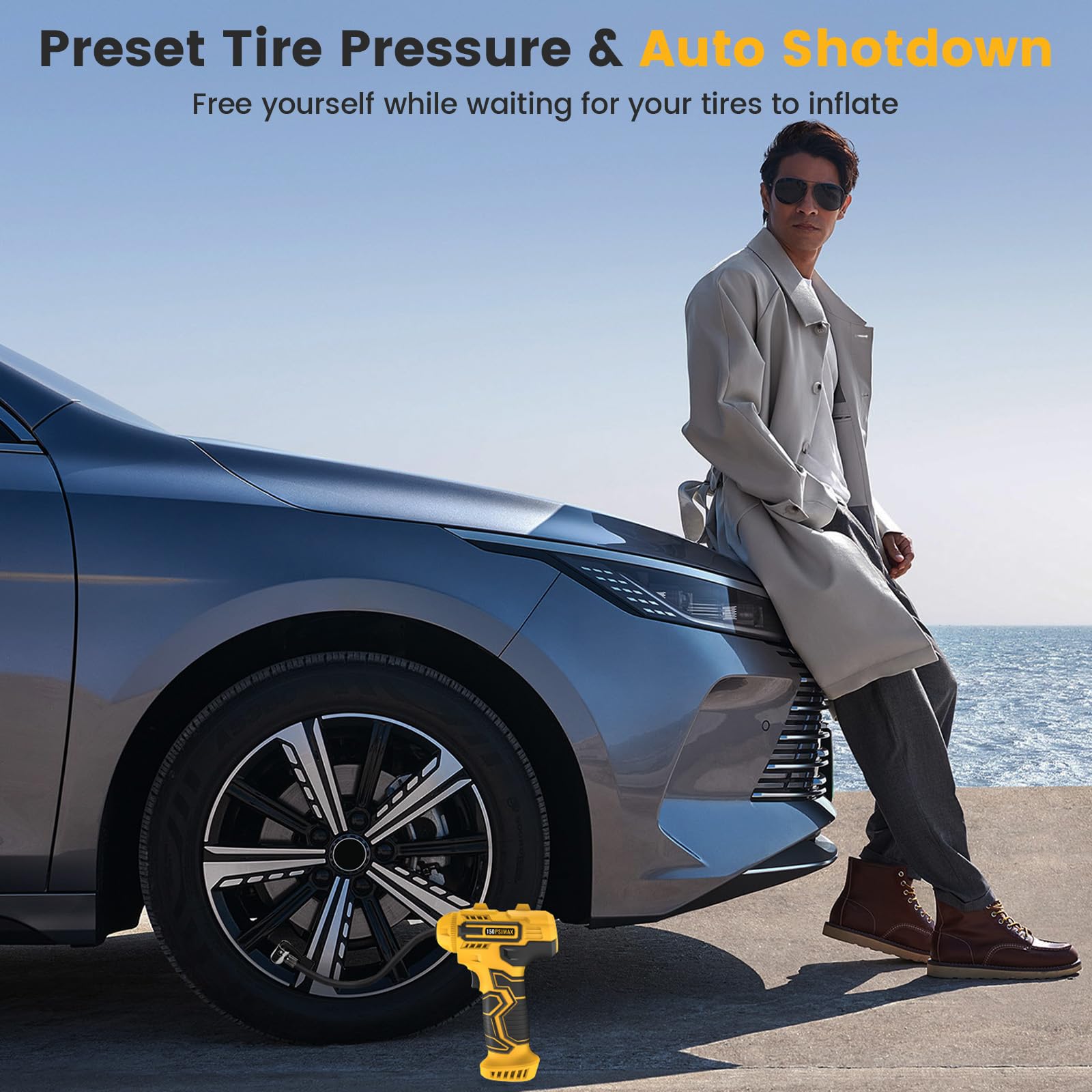 Skeufy Autoreifenfüller Luftkompressor, Tragbare Kabellose Reifenpumpe, 150psi Handheld Autoreifenpumpe mit LED-Licht, USB Wiederaufladbarer Akku, 3 Düsen, Elektrische Luftpumpe für Auto, Motorrad