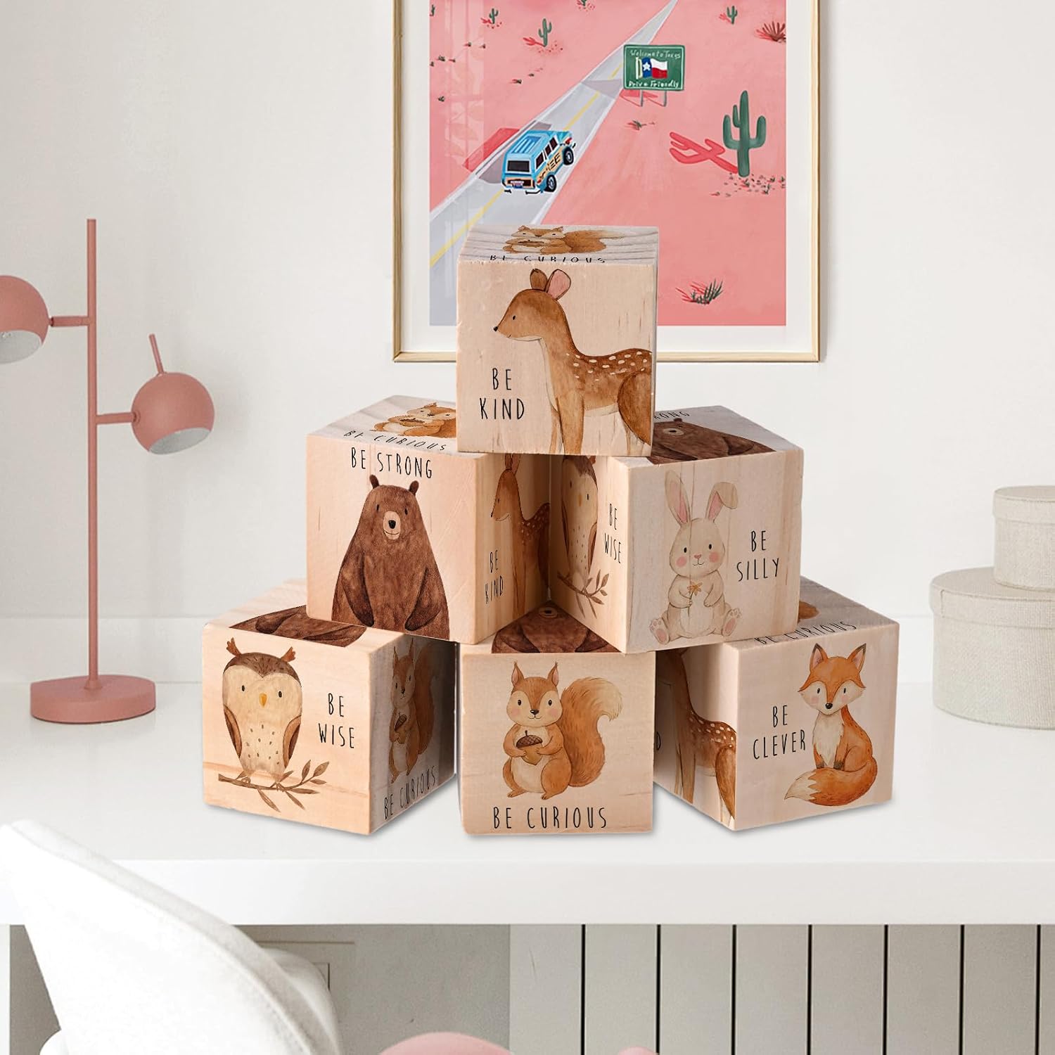 6 Pcs Woodland Animal Nursery Decor for Girls and Boys, 2.36 in Large Inspirational Wooden Safari Baby Shower Blocks Motivational Decoration for Shelf Kids Bedroom Playroom