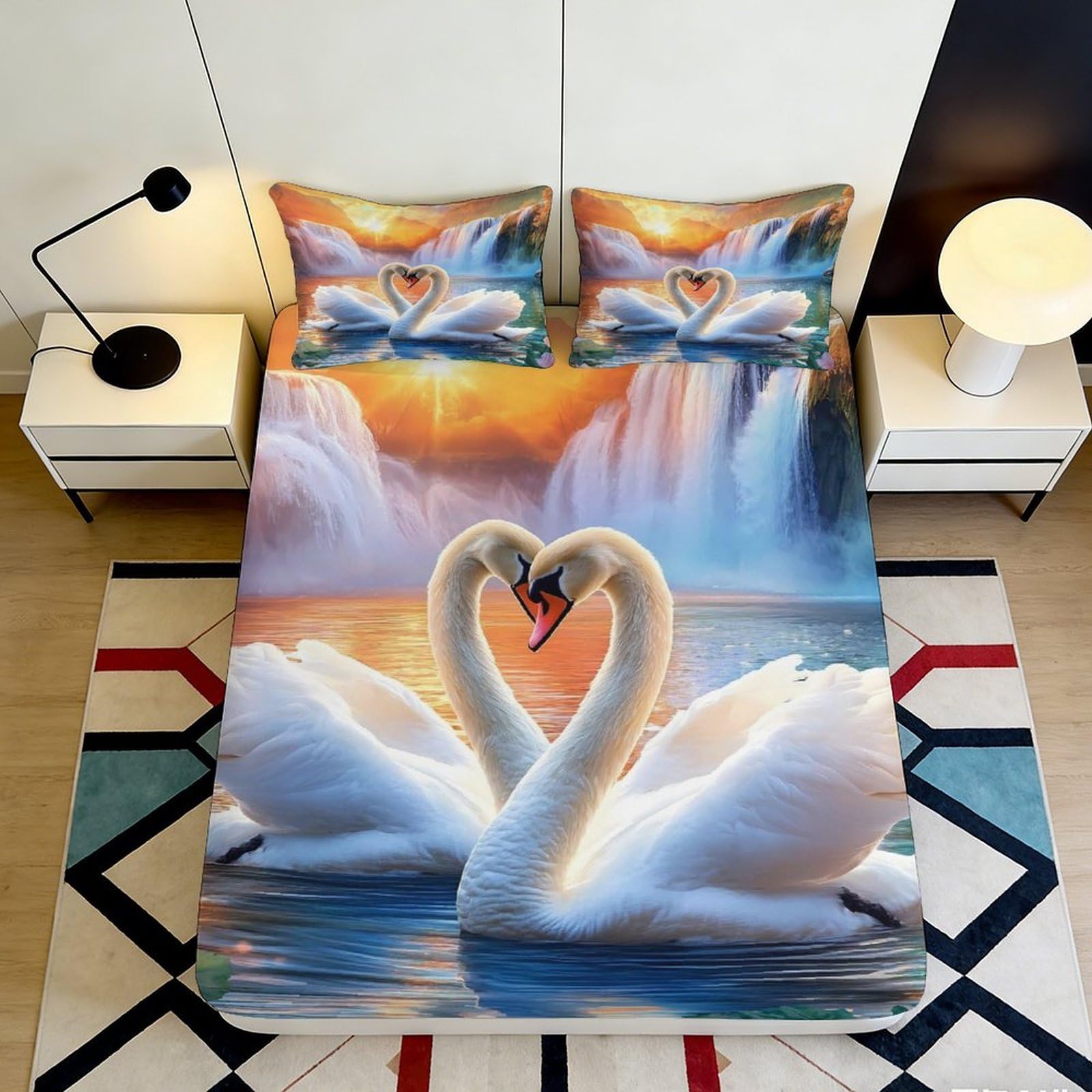 3D Printed Swan Lake Fitted Sheet Microfiber Soft Waterfall Heart Bed Cover for Bedroom Guest Room Decor Protection 90x200x25cm