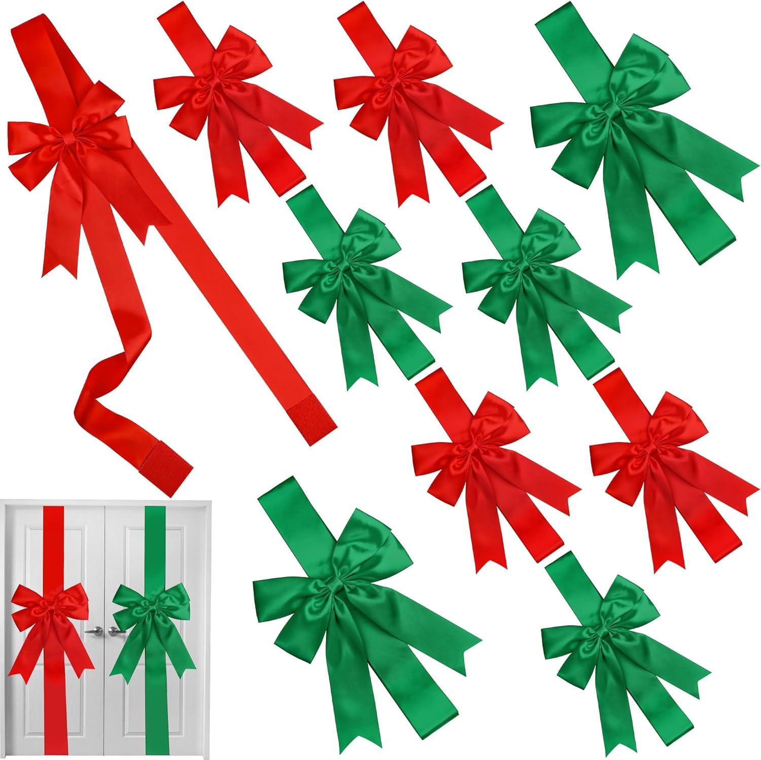 MCEAST 10 Pieces Classic Christmas Door Cabinet Bows, Red, Green Polyester Ribbons, 10 x 87 Inches
