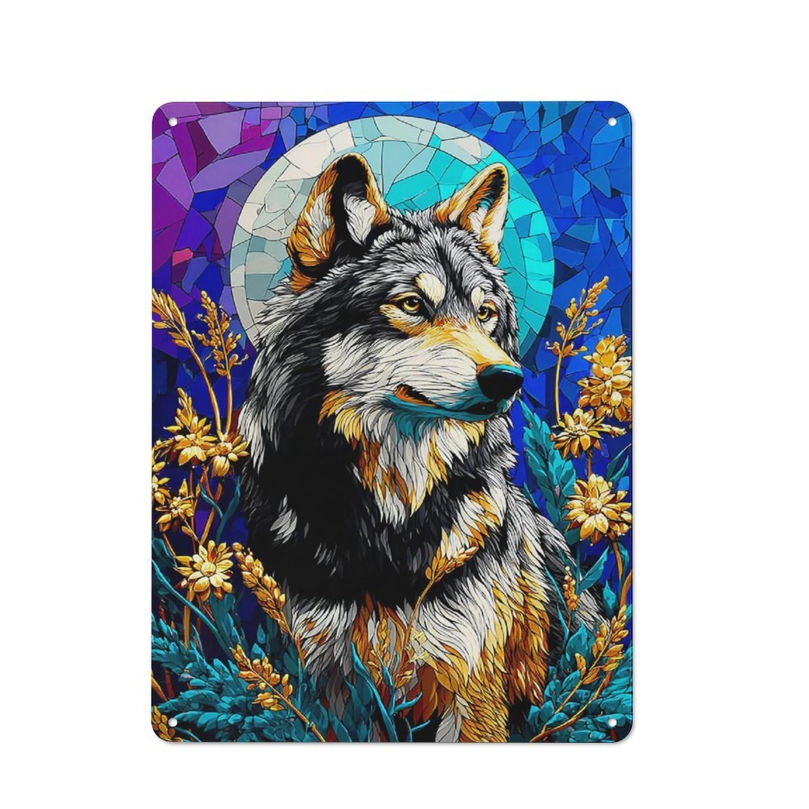 Junmoney Wolf Amidst Flowers Vibrant Artwork Metal Wall Art Sign 40X30cm, Modern Retro Urban Room Decor For Modern Home, Workshop, Office Or Cafe