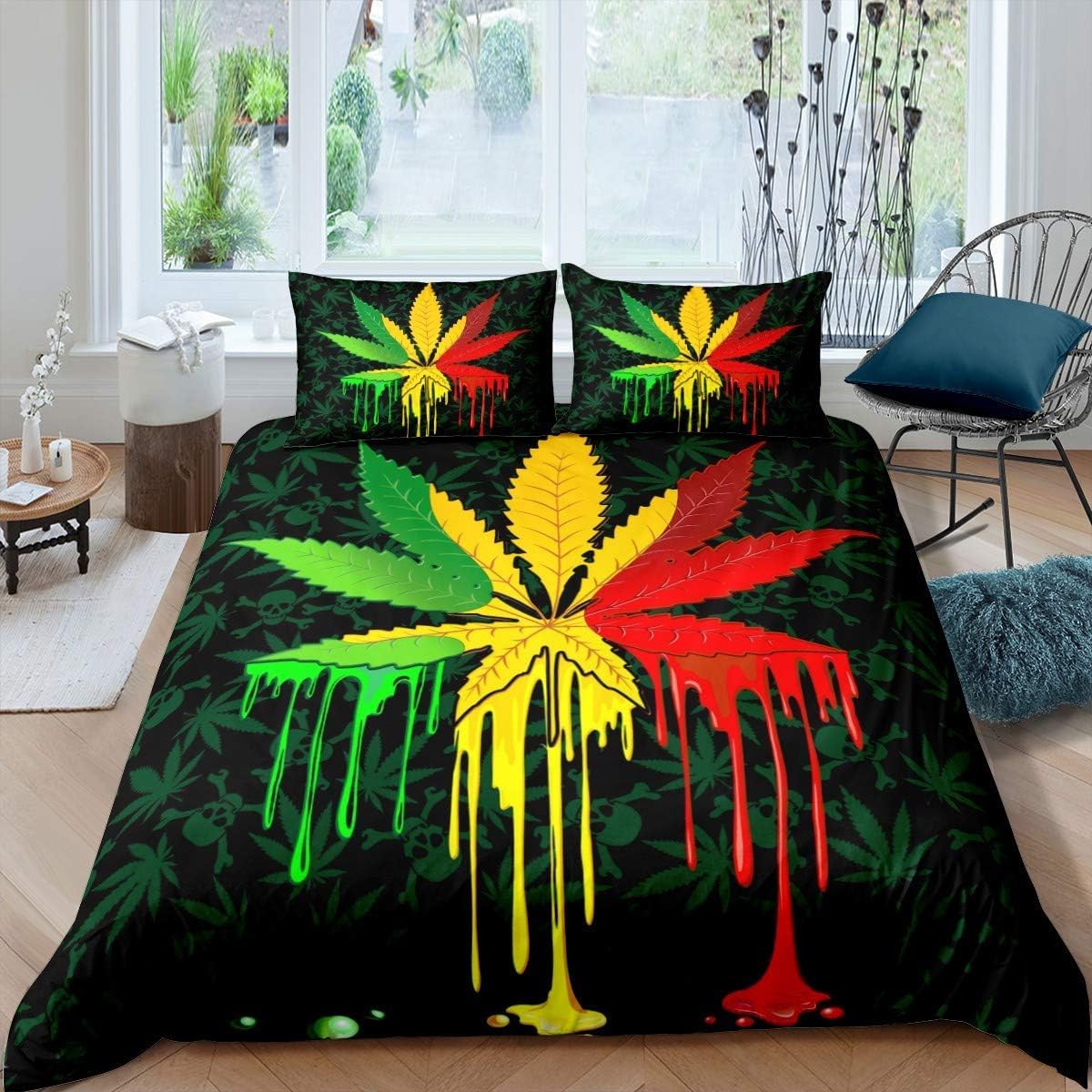 Parure de lit feuilles de plantes 200x200 cm avec housse de couette zippée en microfibre douce