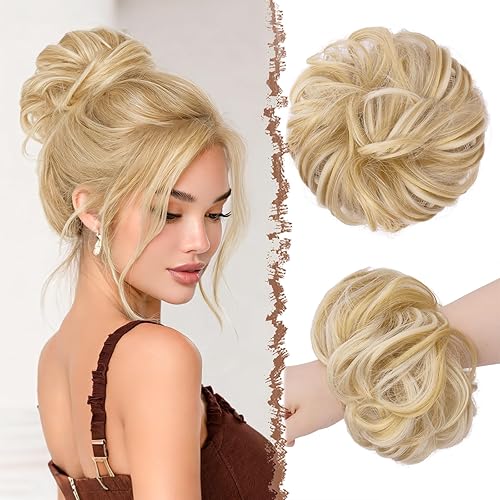 Miniatura 32 de FESHFEN - Extensiones de pelo rizado y desordenado para peinado, bandas elásticas con piezas de pelo sintético estilo moño, extensiones de cabello