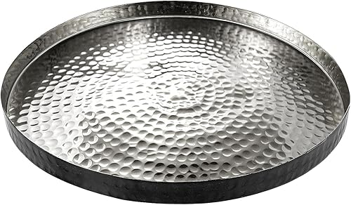 MyGift Bandeja decorativa redonda de 12 pulgadas, chapada en tono plateado, aluminio martillado con acento negro mate, plato para centro de mesa o