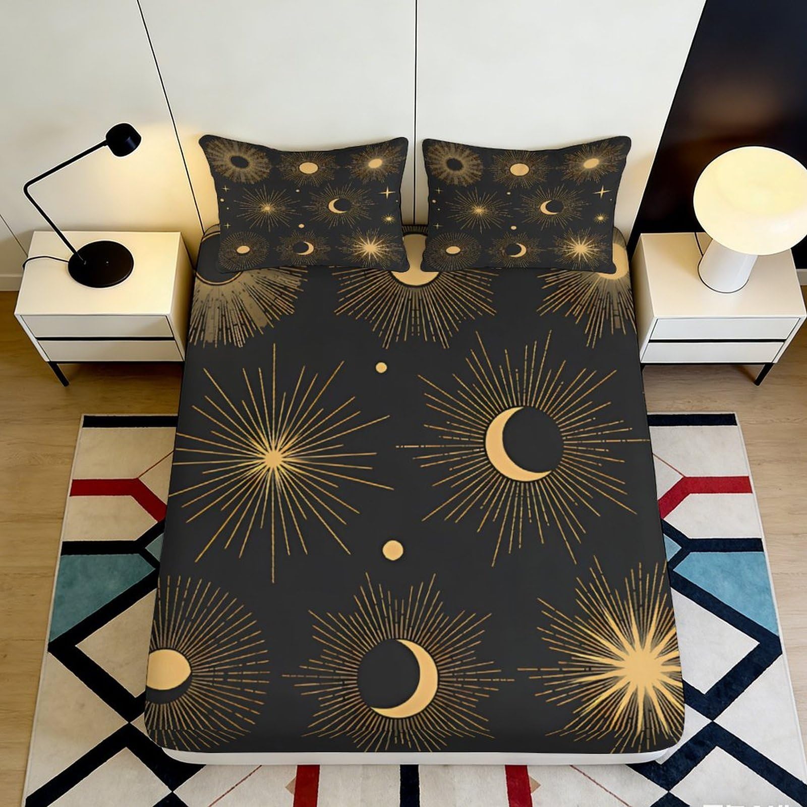 3D Printed Star Moon Fitted Sheet Microfiber Deep Pocket Non-Slip Bedroom Mattress Fitted Cover for Adults 200x200x25cm 90x200x25cm