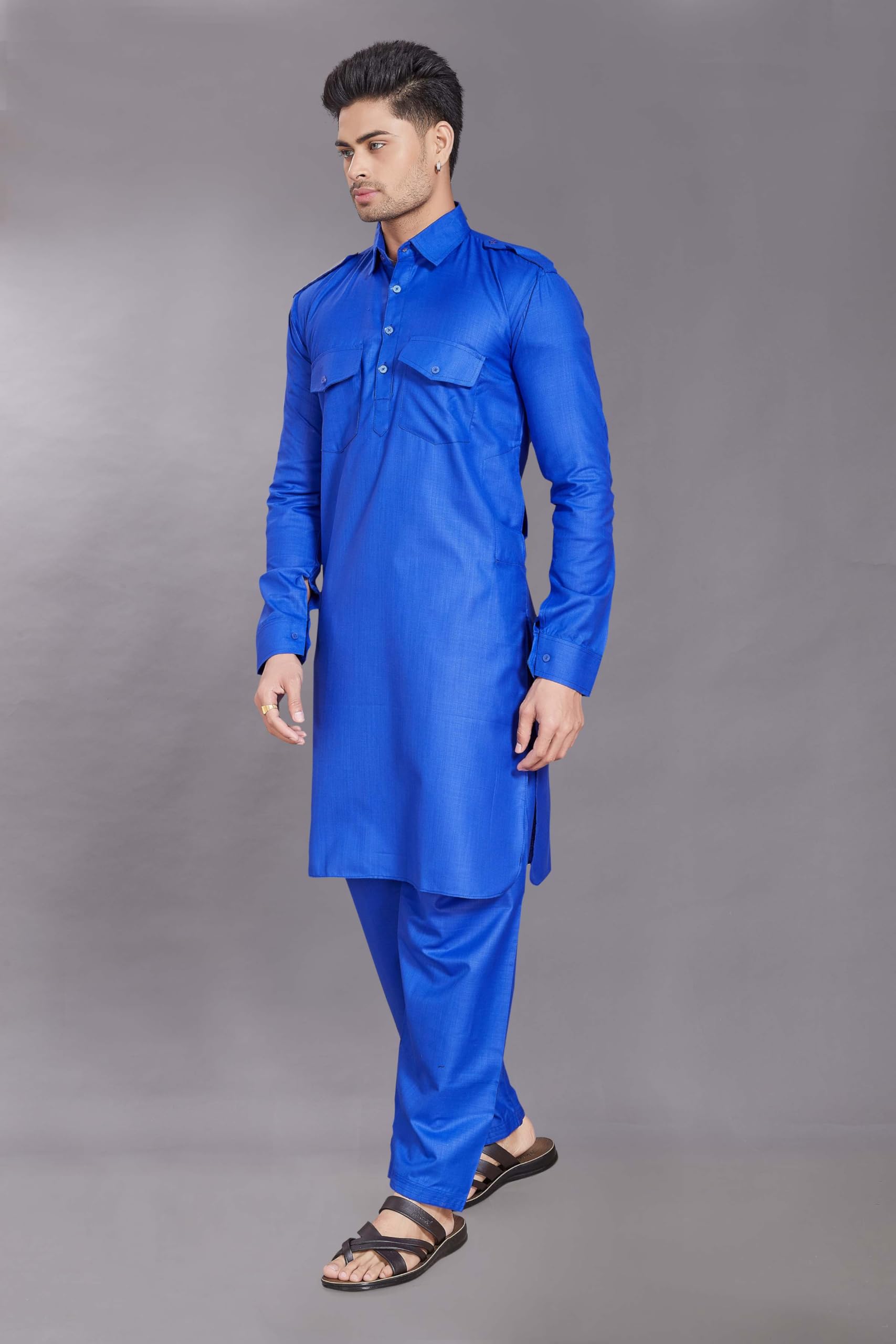 Divisive Men's Cotton Blend Pathani Kurta Pyjama Set (Dkrt459_M_R Blue)