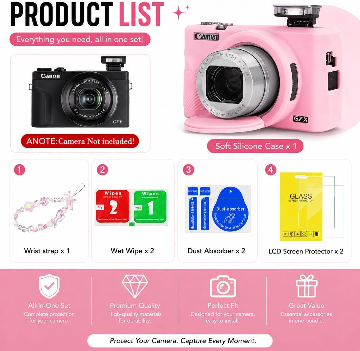 Silicone Camera Case for Canon G7X Mark III with Removable Lens Cover,BraceletWrist Strap,2 Tempered Glass Screen Protectors,Protective Travel,DailyPhotography Camera Accessories (Pink) image 3