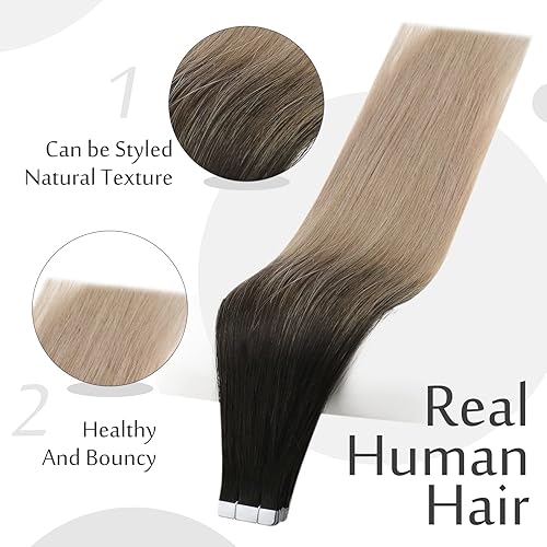 Miniatura 3 de Full Shine - Extensiones de cabello humano con cinta adhesiva y sin costuras, 22pulgadas, balayage, color negro 1B a castaño cenizo 18, 1.76oz,