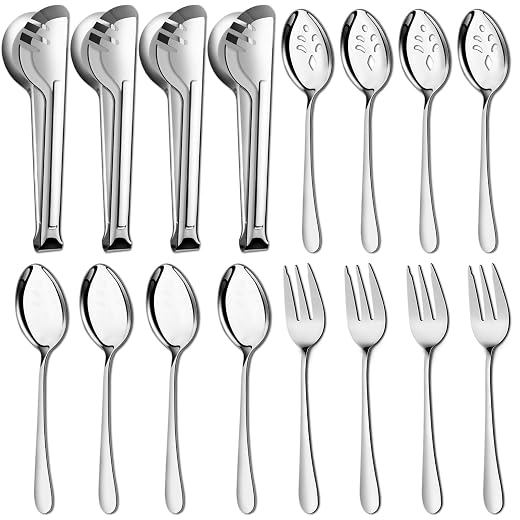 Pleafind 16 PCS Serving Utensils, Stainless Steel Serving Utensils Set with Serving Spoons, Slotted Serving Spoons, Serving Forks and Serving Tongs, Serving Utensils for Parties Buffet Banquet