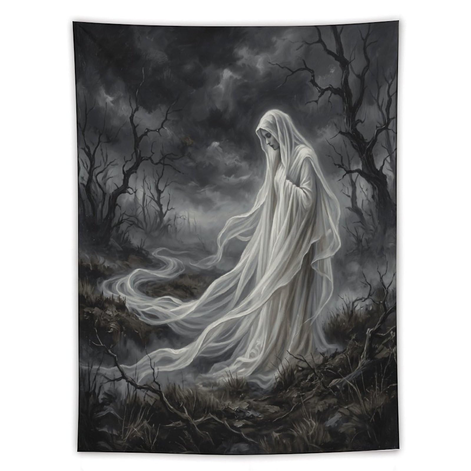 W7C8U2X3 White Ghost Storm Forest Wall Tapestry, Haunted Woodland