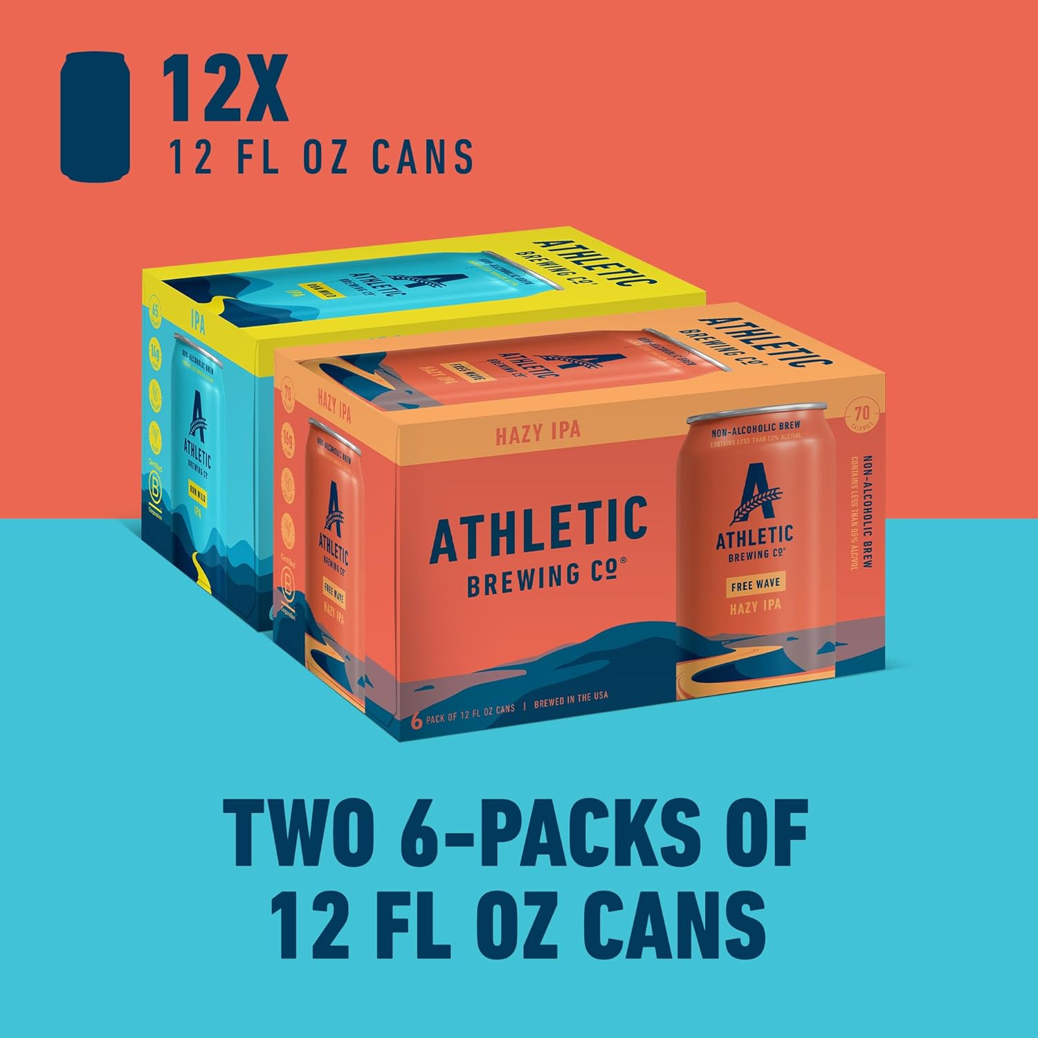 Athletic Brewing Company Craft Non Alcoholic Beer, Vegan IPA & Hazy IPA, Low Calorie Brews, 6 Run Wild, 6 Free Wave, 12 Pack, 12 FL Oz Cans