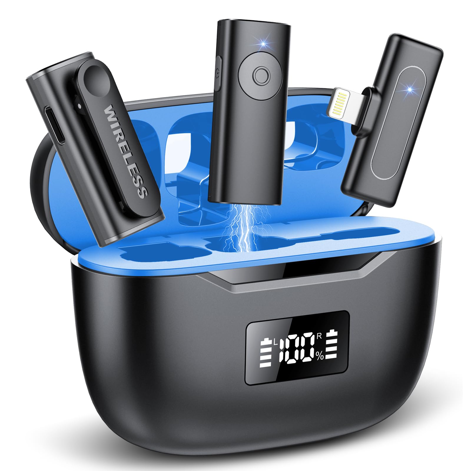 Aptkdoe 2 Pack Wireless Lavalier Microphone for iOS Phone/Pad, Lapel Clip-on Noise Cancelling Lapel Mic, Cordless Omnidirectional Condenser Recording Mic with LED Display for Recording YouTube Blue