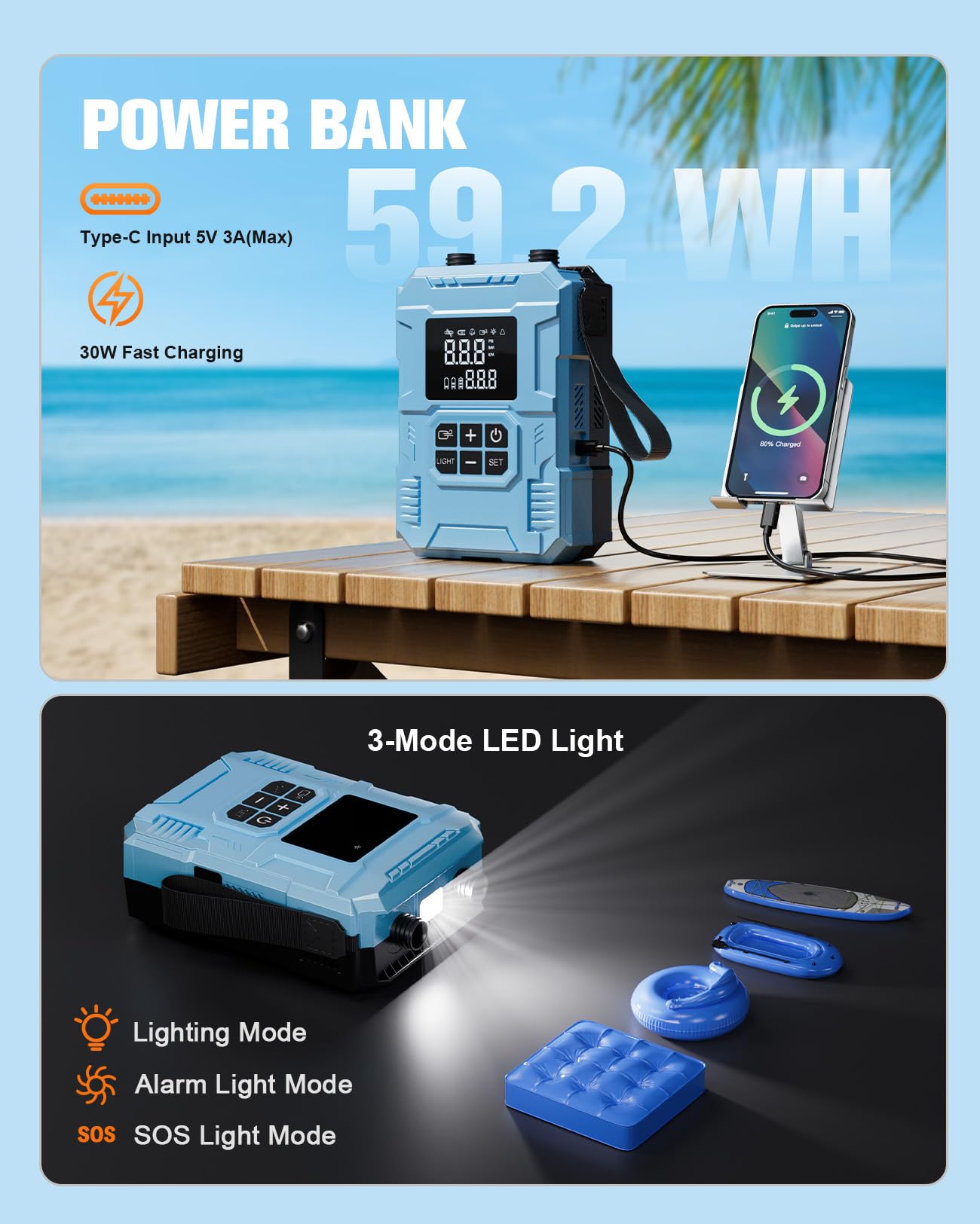 S8 Electric Paddle Board Pump, 22 PSI Cordless Rechargeable SUP Pump, 4X Faster Dual-Stage Inflation & Deflation, Portable Air Pump with LED Light & Auto-Off for SUP, Kayak, Surfing Kite, Boat — view 6