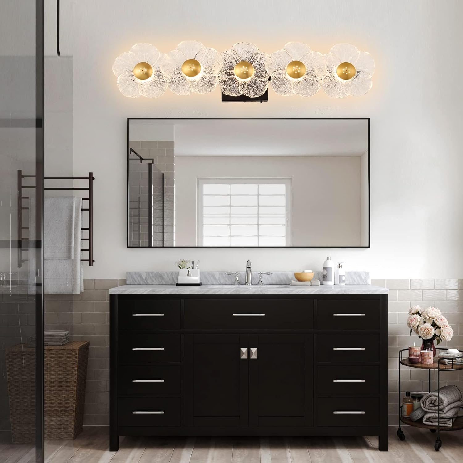 MantoLite 26.7'' Bathroom Light Fixtures Modern Vanity Light Over Mirror Adjustable 3000K-6000K Picture Lights Art Light with Floral Clear Glass Shades for Living Room Bedroom (5 Light Black)
