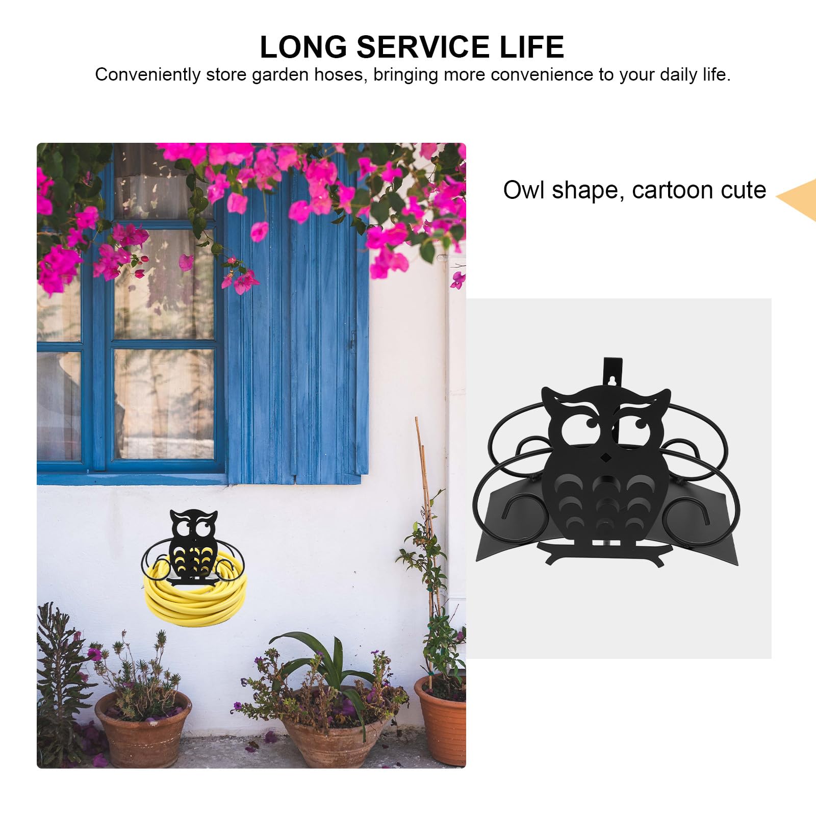 LALAFINA Soporte para Manguera de Hierro Negro Capacidad Grande, Resistente a Intemperie y Diseño Búho para Organización y Almacenamiento en Jardín
