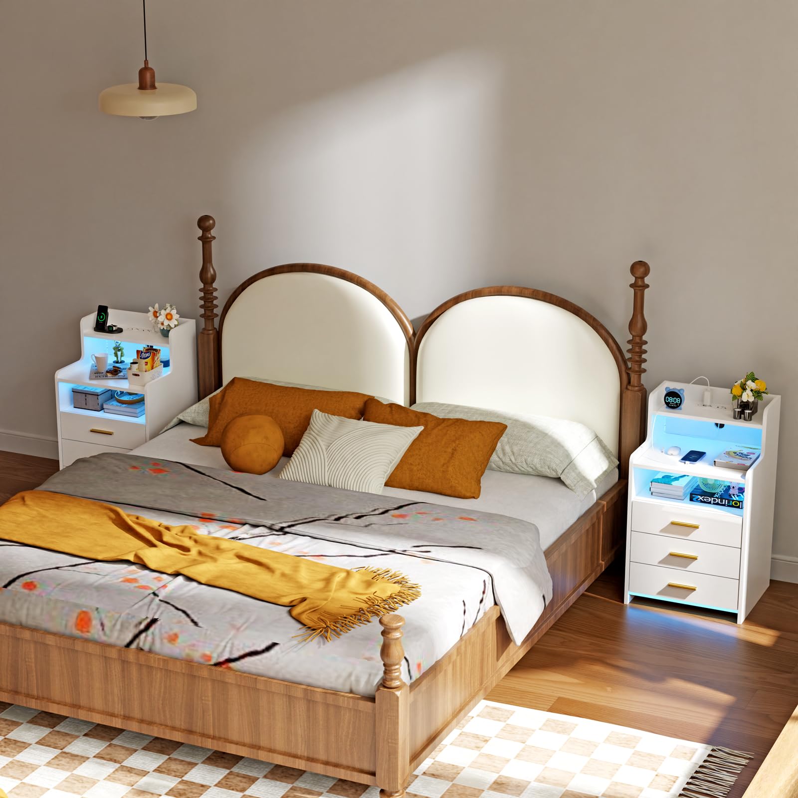 Mesita de Noche Blanca con luz LED - Mesa Auxiliar con Base de Carga, 3 cajón de Almacenamiento, Mesita de Noche para Dormitorio, Salón, 2 Puertos USB, 2 enchufes, Compartimento Abierto 45x40x76 cm