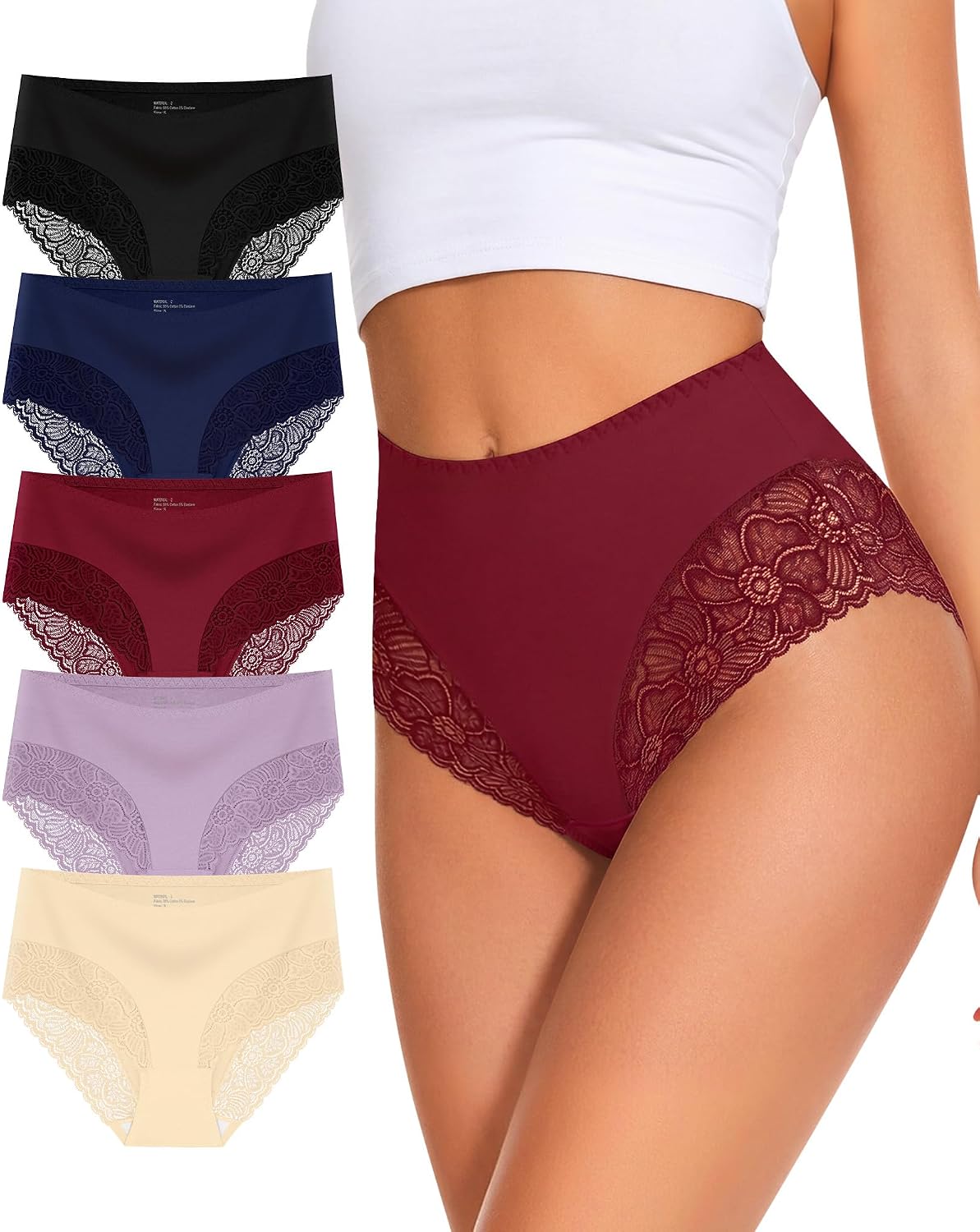 Womens Cotton Cheeky Underwear Mid Rise Lace Trim Panties 5 Pack