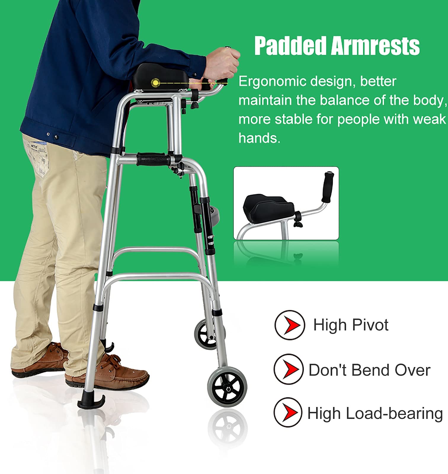 Andador con ruedas con asiento, plegable, ligero, con almohadilla for reposabrazos, andador portátil con ruedas for personas mayores, ayuda for caminar de aluminio de gran potencia