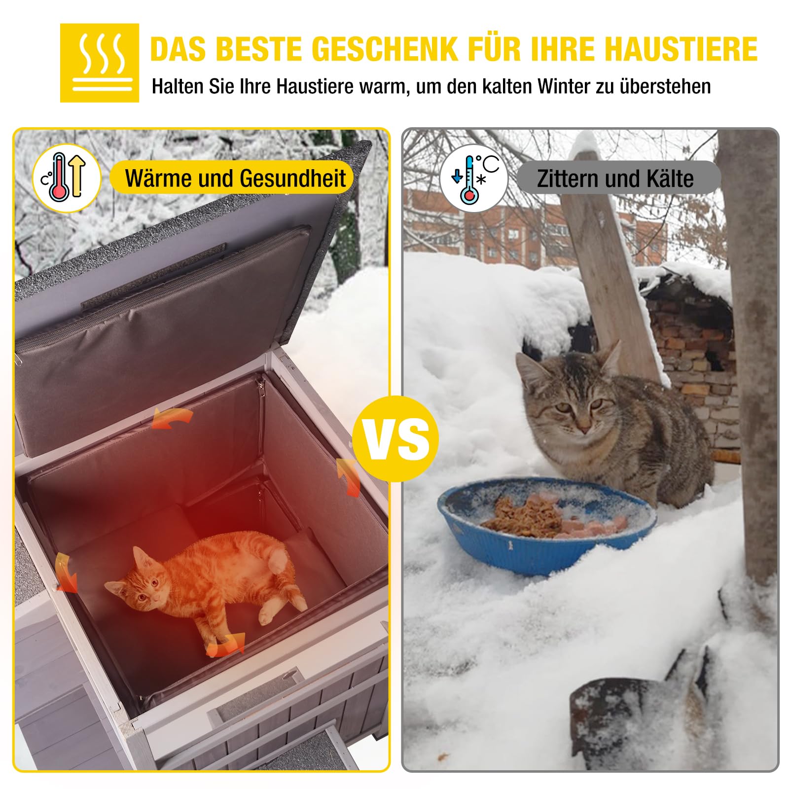 Aivituvin Katzenhaus Outdoor Winterfest aus Holz Isoliert Feral katzenhöhle Wetterfest für Winter Doppelzimmer und wasserdichter Wildkatzen-Schutthaus für den Winter (Grau, L)