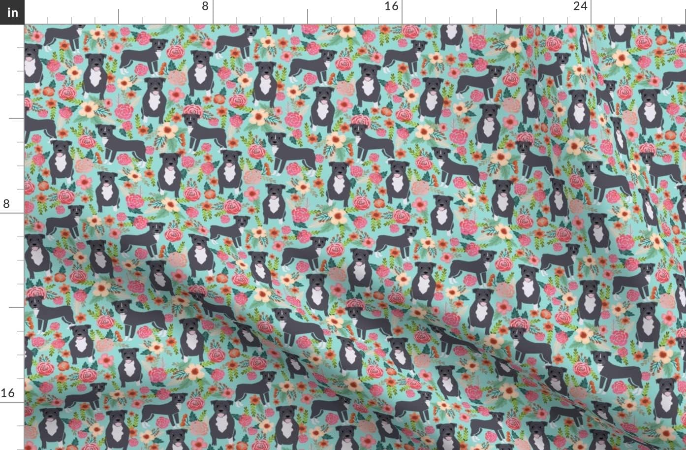 Spoonflower Fabric - Pitbull Terriers Florals Mint Dogs Cute Dog Rescue Flowers Pitbulls Printed on Organic Cotton Sateen Fabric by The Yard - Sewing Quilting Apparel Home Decor