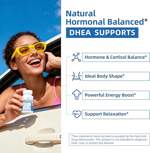 Miniatura 7 de Suplemento de DHEA para mujeres de 40 años y hombres, apoya las hormonas* equilibrio, DHEA 25 mg (cápsula en cápsula), con L-teanina, Ashwagandha,