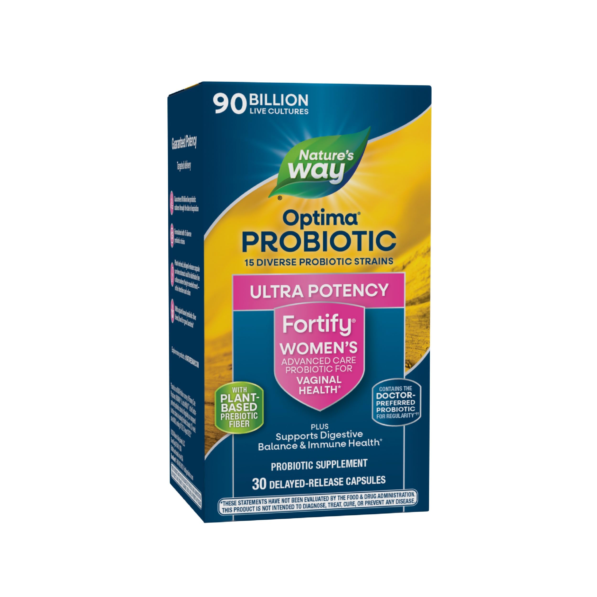 Nature's Way Fortify Optima Probiotic for Women, Ultra Potency Probiotic for Vaginal Health*, 90 Billion Live Cultures, Supports Digestive Balance and Immune Health*, 30 Capsules (Packaging May Vary)