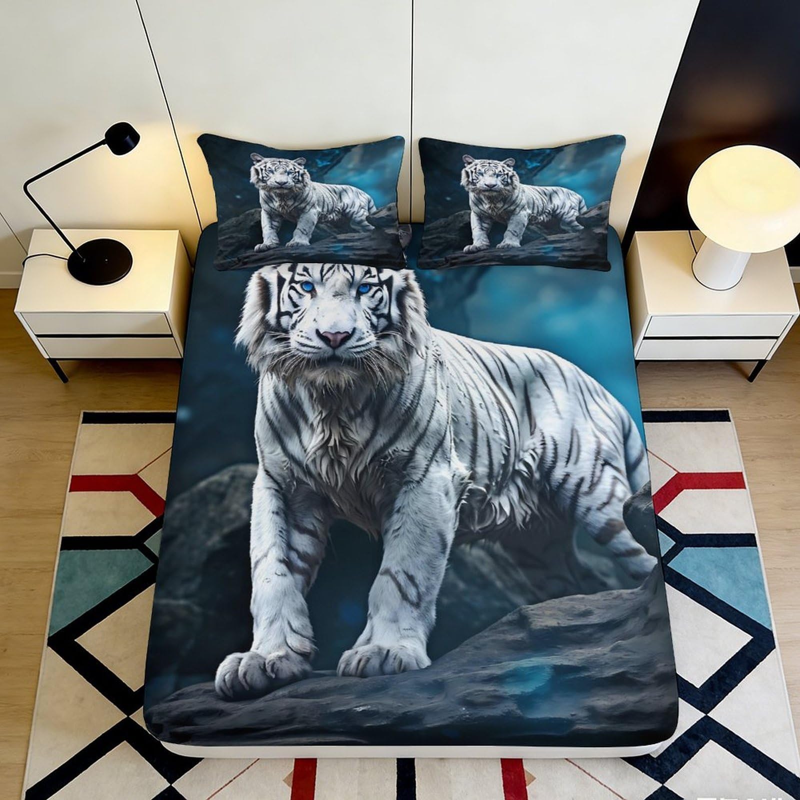 3D Printed White Tiger Fitted Sheet Microfiber Durable Soft 3D Printed Jungle Bed Cover for Bedroom Dormitory Guest Room Mattress Protection 140x200x25cm