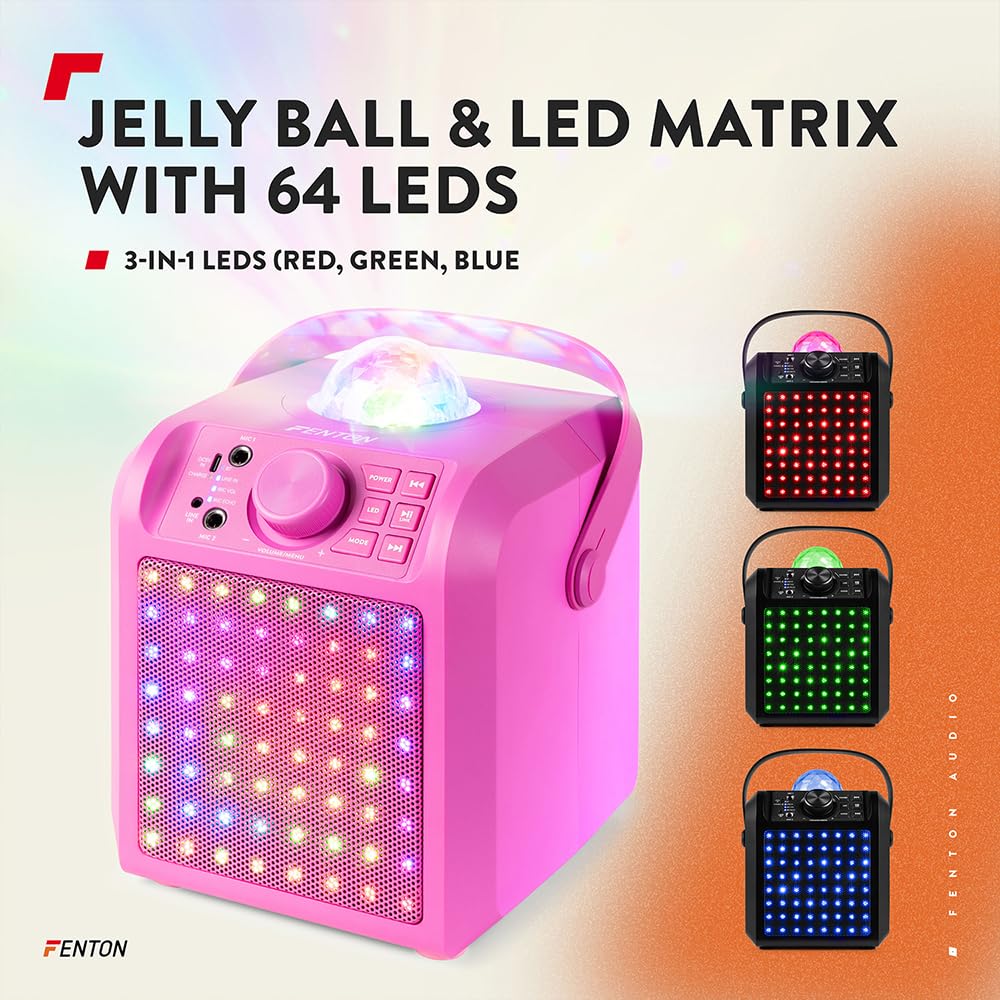 Fenton KAR55P – Musikbox Kinder Karaoke Anlage mit 2 Mikrofonen, Jelly Ball LED-Discolicht, Bluetooth, 10 Std. Akku, 50 Watt Leistung, AUX-Anschluss, Portable Karaoke Maschine Kinder in Pink