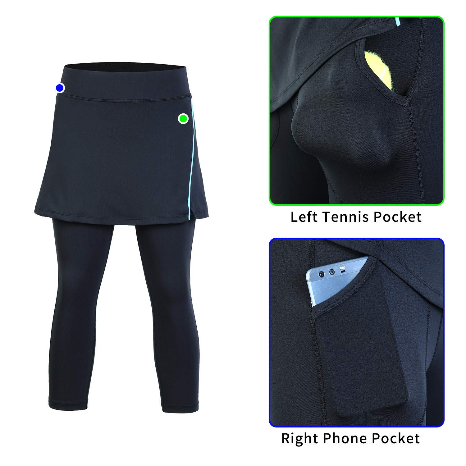 ANIVIVO Damskie legginsy tenisowe z kieszeniami, legginsy ze spódnicami do tenisa, Niebieskie spódnice z klipsem, XXL