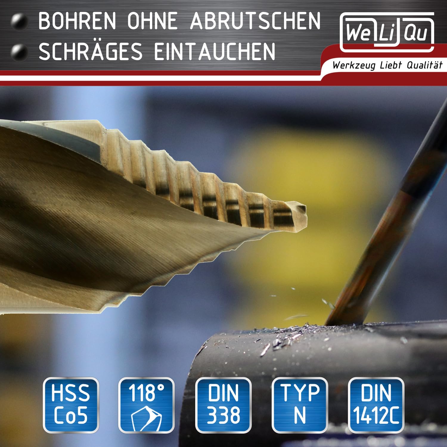 WELIQU HSS-Co Step Point Spiralbohrer Set 25-teilig 1-13mm x 0,5mm - Selbstzentrierende Metallbohrer, DIN 338, 118° für Stahl, Edelstahl, Aluminium, Messing, Bronze, Gusseisen, Hartholz, Kunststoff