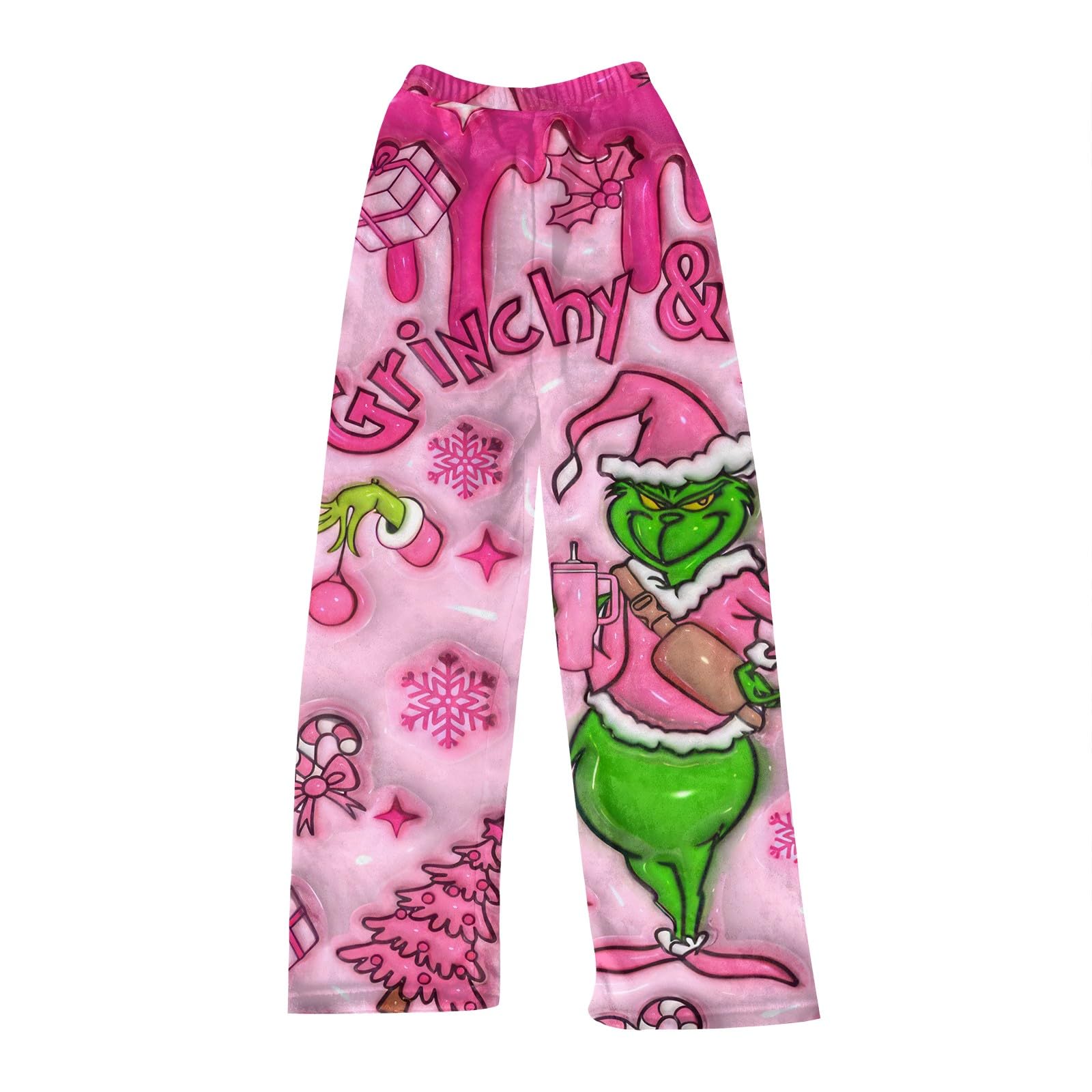 HTHLVMDWomens Fleece Christmas Pajama Pants Ladies Cute Holiday Waist Relaxed Fit Winter Long Pj Pants for Women