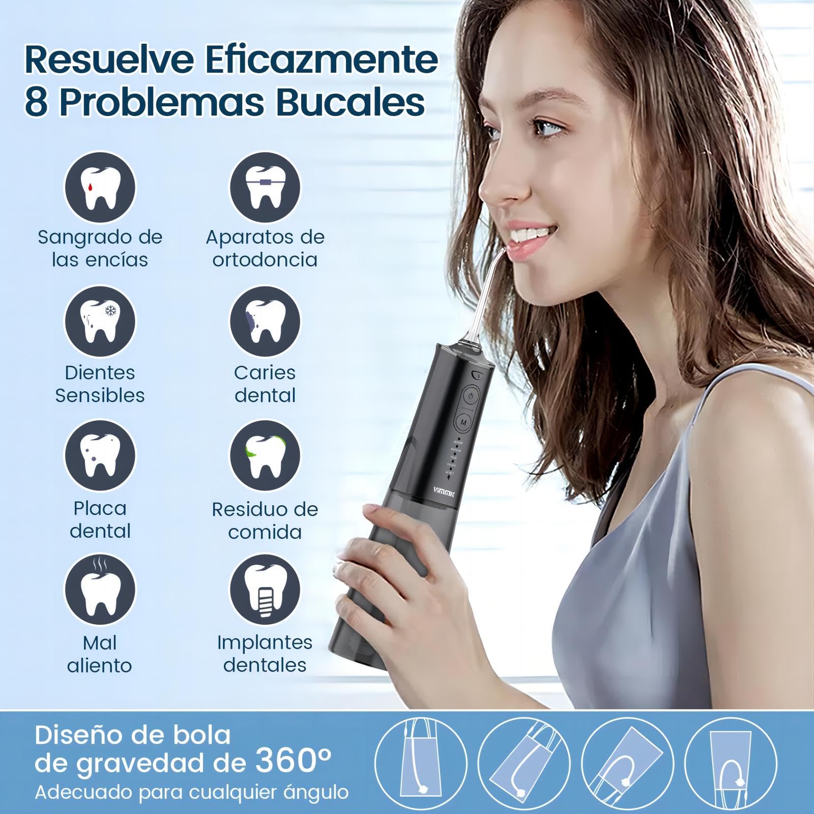 Irrigatore orale portatile Vimmk Irrigatore dentale senza fili professionale 8 ugelli 5 modalità, IPX7 impermeabile 300 ml USB-C ricaricabile per la pulizia dei denti, per la casa e i viaggi (nero)