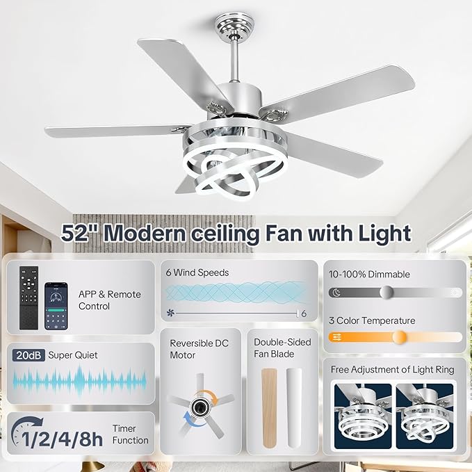 Ventilador de Techo 52 Pulgadas con Luz LED Dimmable y Contr miniatura 2