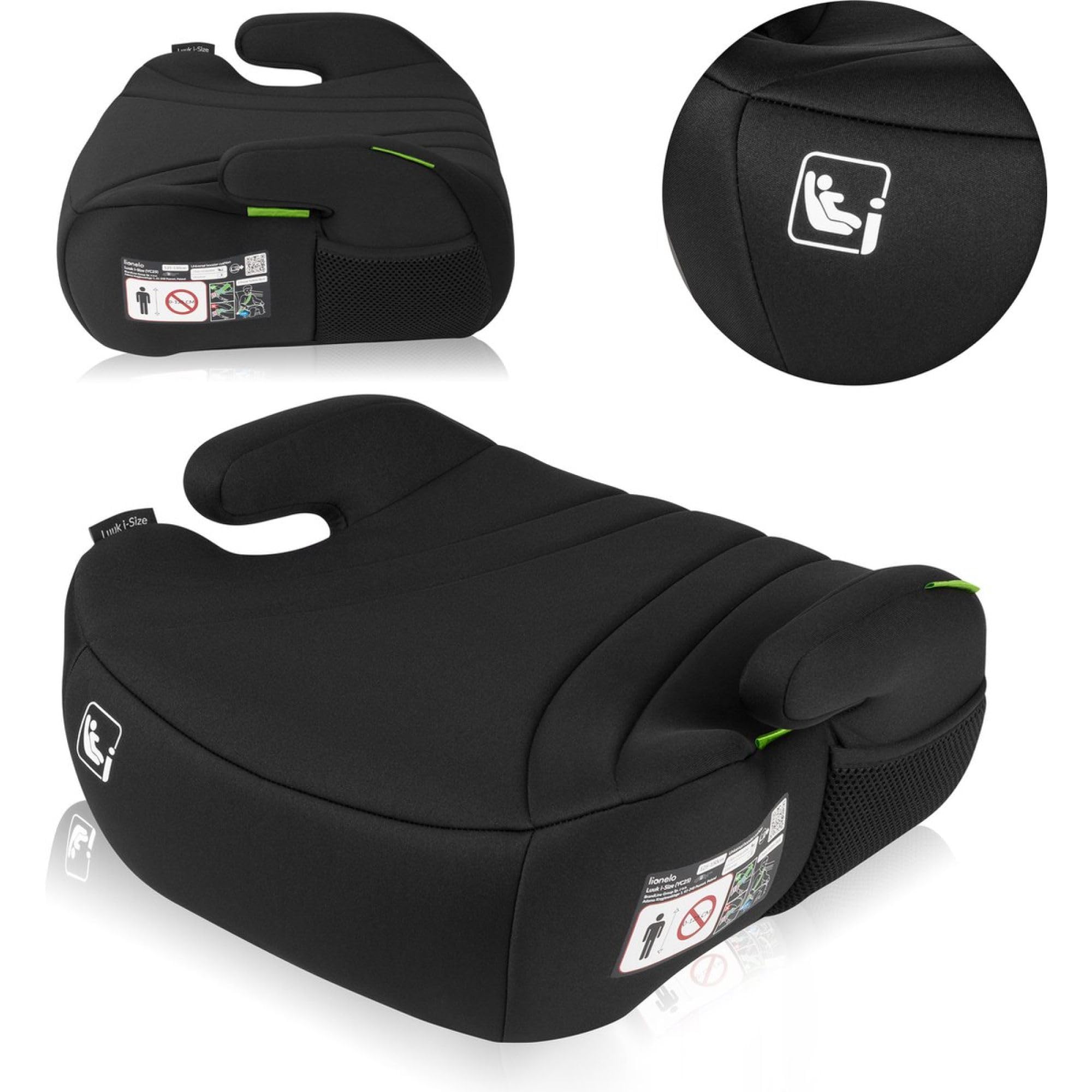 LIONELO LUUK i-Size Rehausseur Siège Auto pour Enfants de 22 à 36 kg / 125 à 150 cm, Groupes 2 et 3, Siège et Accoudoirs Confortables, Housse Amovible (Noir) | 22 à 36 kg, groupe 2 et 3, assise et accoudoirs confortables, housse amovible noire