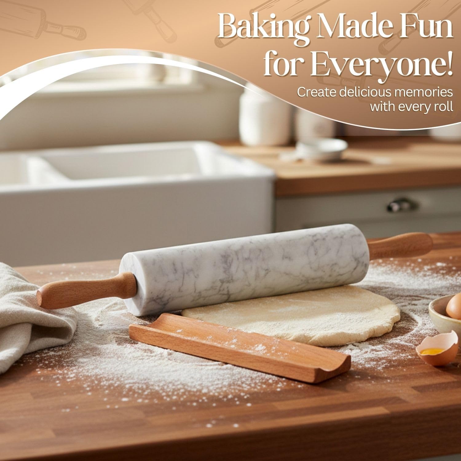 Flexzion Teigroller aus weißem Marmor, 25,4 cm, mit Holzgriff und Halter-Basisständer, Marmor-Nudelholz zum Backen von Gebäck, Pizzateig, Fondant, Kekskuche, Kruste, Nudeln, Bäckerei-Roller
