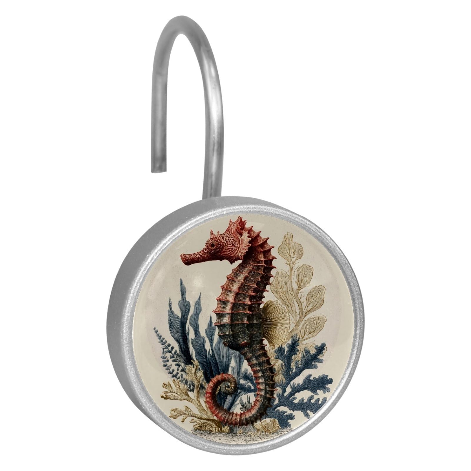Set of 12 Stainless Steel Shower Curtain Hooks, Shower Rings for Bathroom, Rustproof Decorative Shower Hangers for Bedroom Living Room Shower Curtain Rod (Retro Seahorse Sea Grass)