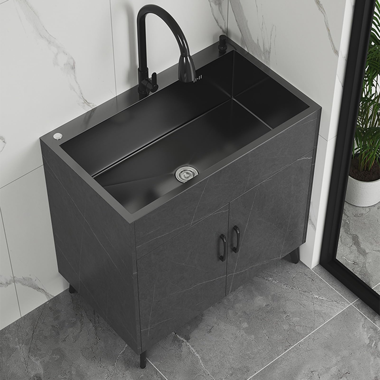 Mobile da bagno con lavabo, Lavello in Acciaio Inox Commerciale a Vasca Singola, Mobiletto Sottolavello Cucina con Rubinetto, per Ristorante, Cucina, Lavanderia(68x45cm/26.7x17.7in,Black)