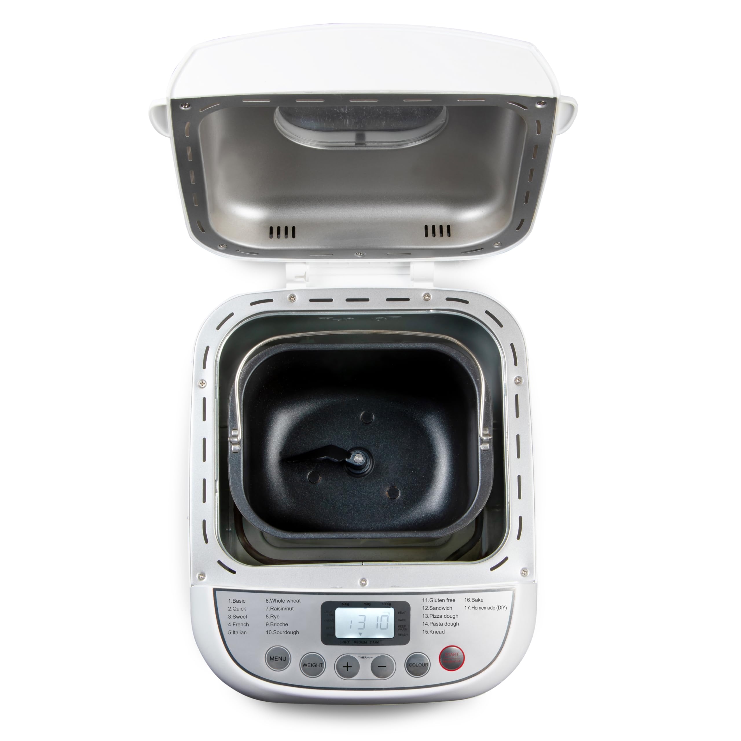 DOMO B3976 Machine à pain – 17 programmes de cuisson (dont Pizza et Sans gluten) – 3 tailles de pain (500 g, 750 g, 1000 g) – Sans PFAS – Avec minuterie – Écran LCD – Blanc