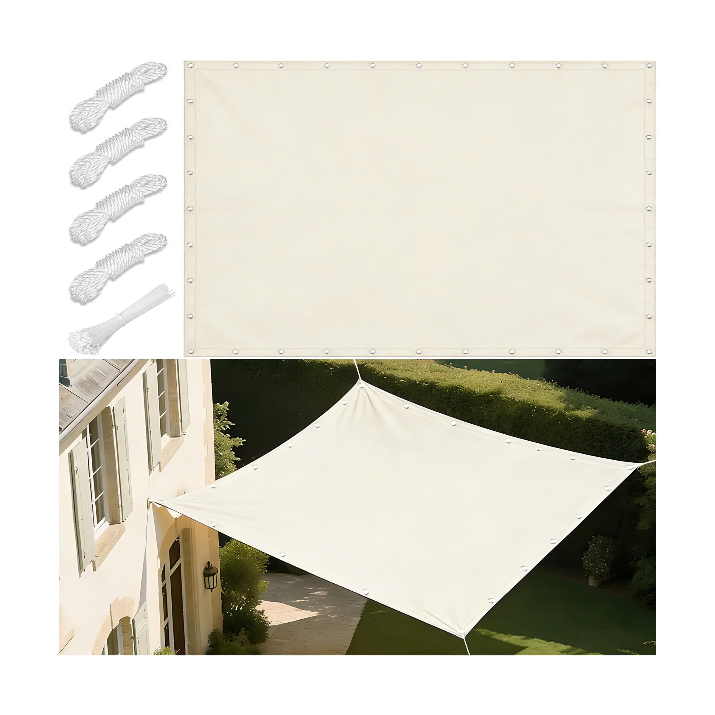 Toile-Ombrage Imperméable Rectangulaire Multi Couleur Taille Voile-D'ombrage Filet Bâche Ombrage UV Protection Solaire pour Extérieur Jardin Terrasse Balcon avec Oeillet Cordon 3x3M Crème