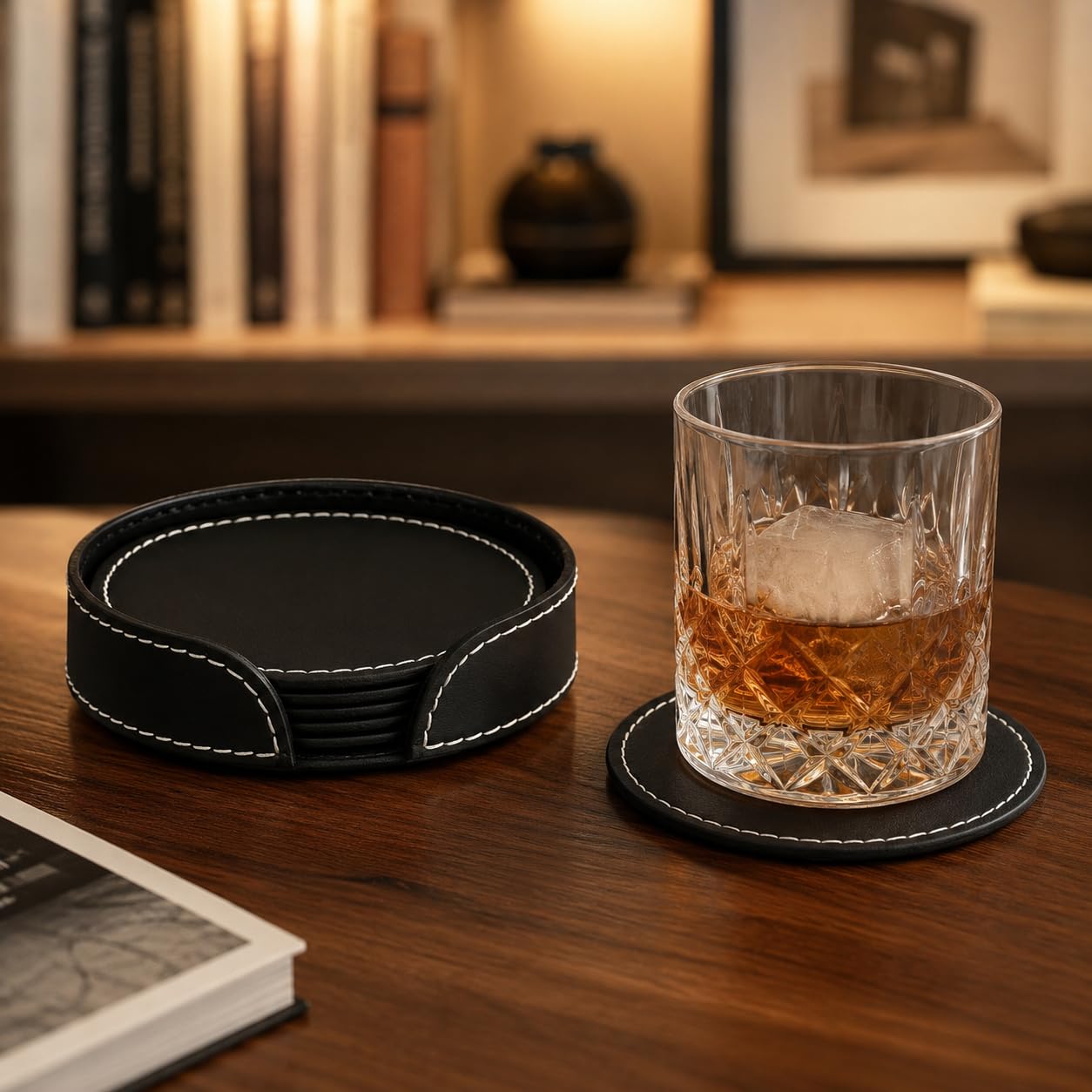 Coasters Set of 6 | Leather Coaster | Tea Coasters Set | Modella Round Leather Coasters Set of 6 with Holder Premium Drink Mats for Home, Office & Bar (Black)-image-24