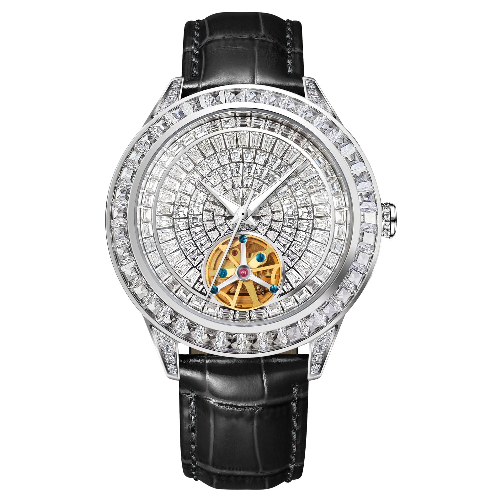 Strassverzierte Herrenuhr Automatik, Lederarmband Automatik Uhr Herren, Hochwertige Uhren Herren mit Glänzendem Strass Design, Automatikuhr Herren