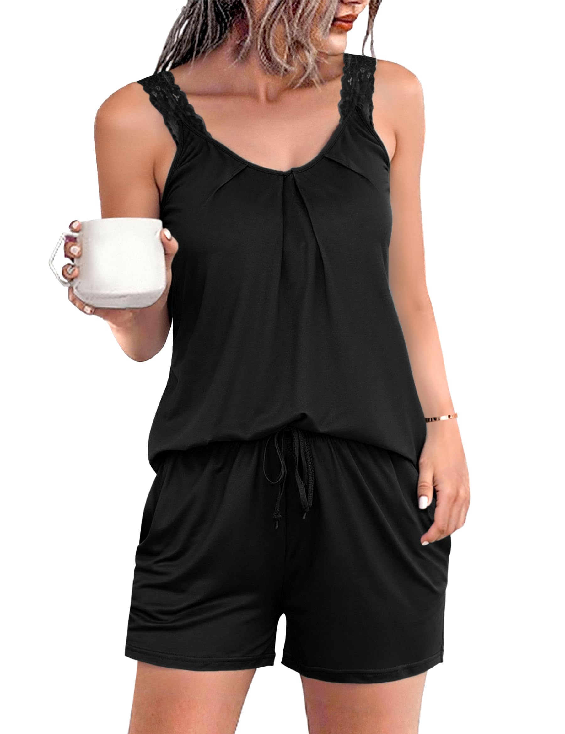 Uniexcosm Schlafanzug Damen Kurz Zweiteiliger Sommer Ärmellos Spitzenträger Pyjama Shorty Baumwolle V-Ausschnitt Shirt und Schlafshort Sexy Sleepshirt für Frauen B:Schwarz XXL