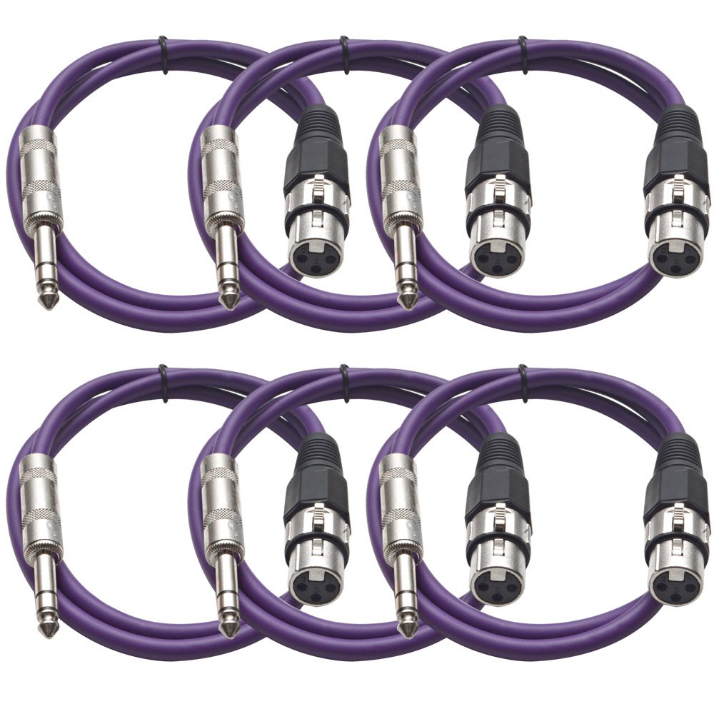 Seismic Audio SATRXL-F3Purple6 3-Feet XLR Female to 1/4-Inch TRS Patch Cables - Purple