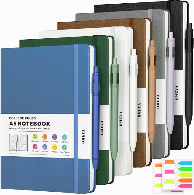 6 Pack Journal Notebooks for Work with 6 Pens, A5 Hardcover Notebook,Business Notebooks Bulk, College Ruled Notebook for Men, Leather Journal for Writing, 160 Pages, 100GSM Thick Paper (5.7" x 8.3")