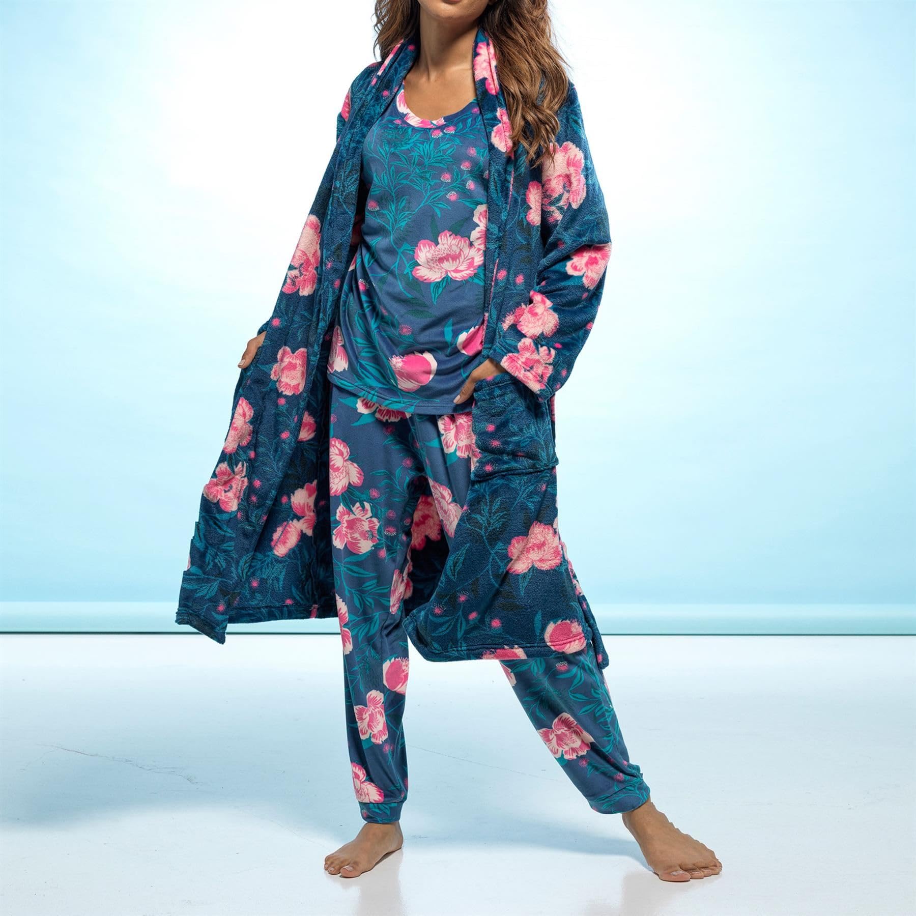 A2Z Accappatoio da donna in pile luccicante floreale, lunghezza al ginocchio, invernale, accogliente, morbido e caldo, abbigliamento da casa per le signore