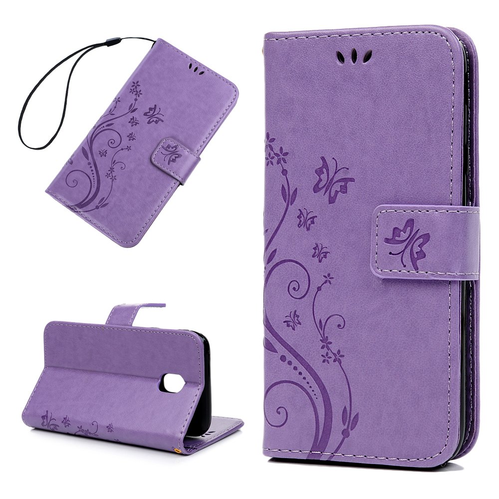 PU Leather Case for Samsung Galaxy J3 2017 (J330) with Card Holder & Wrist Strap, Purple